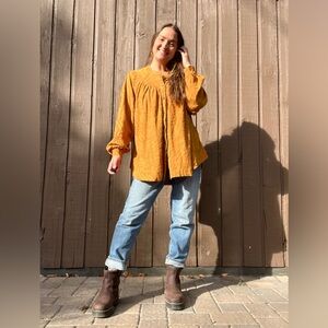Free People Mustard Textured Boho Blouse | Flowing Oversized Top Size S